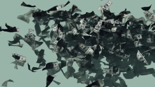 a large stack of money 100 bills flies in the air