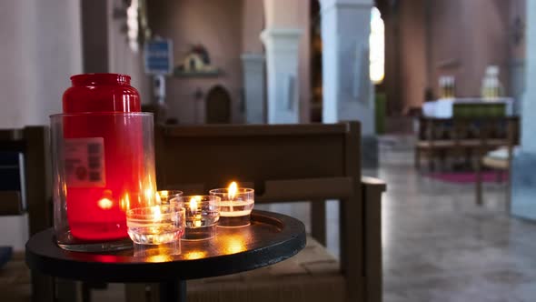 Burning Candles Inside Church Interior Prayer Candles Lit in Cathedral alt