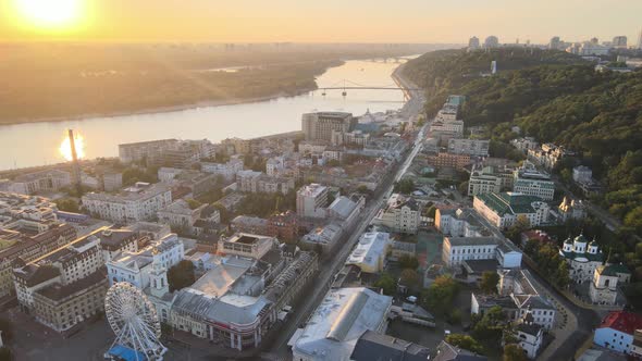 Historical District of Kyiv - Podil in the Morning at Dawn, Ukraine, Aerial View