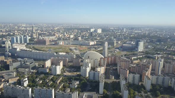 Moscow City Aerial View. Drone Shot of Residential Quarters of Moscow City. Sunny Day Moscow