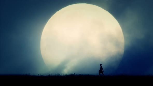 Ancient Civilization Man Walking On Full Moon Background