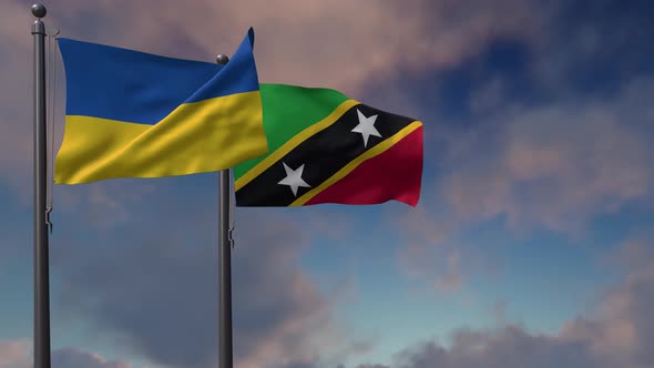 Saint Kitts And Nevis Flag Waving Along With The National Flag Of The Ukraine - 4K