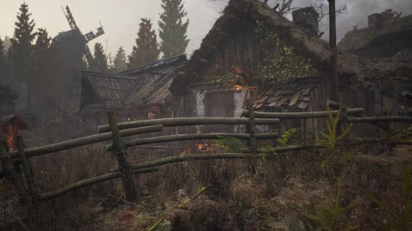 Old Rural Abandoned Wooden Village Under Cloudy Sky in Autumn Season