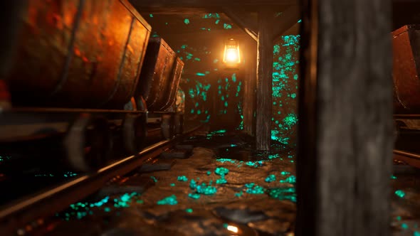 Uranium mine lit by a vintage lantern. Glowing green radioactive ore. 4KHD