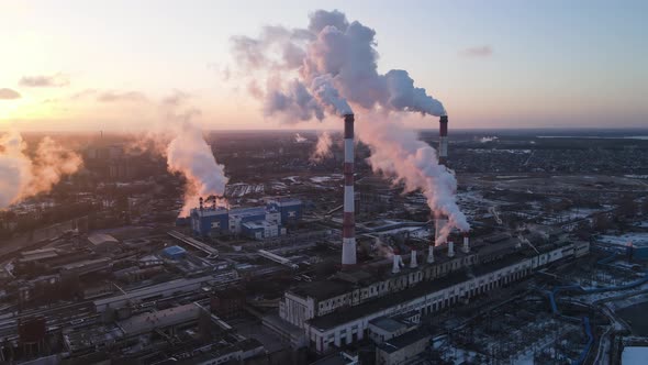 Aerial view factory chimney smoke building steam thermal power plant