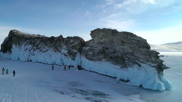 Aerial View on the Rocky Ice Covered Island in Lake Baikal