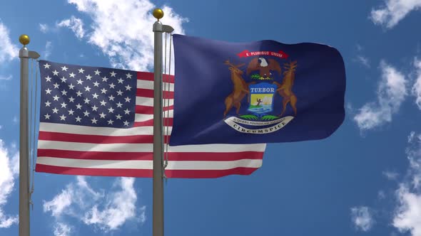 Usa Flag Vs Michigan State Flag  On Flagpole