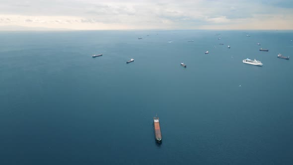 aerial view of cargo ships on Marmara Sea in a cold day