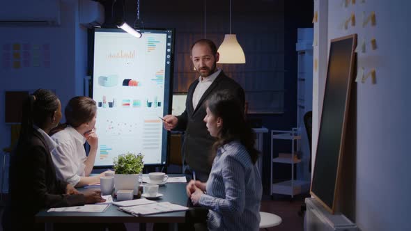 Workaholic Businessman Brainstorming Marketing Strategy Overworking in Company Meeting Office Room