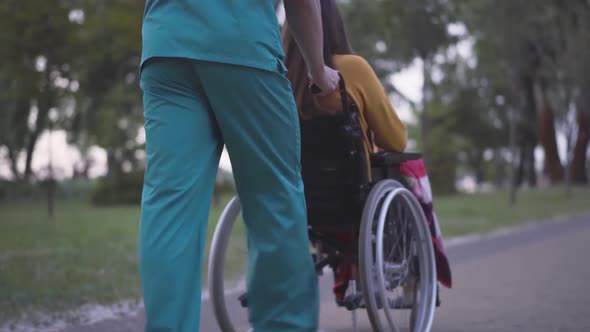 Back View of Male Nurse Rolling Wheelchair with Young Disabled Woman Along the Alley in Park