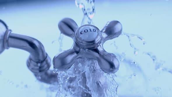 Cold water tap with water splashing in slow motion; shot on Phantom Flex 4K at 1000 fps alt