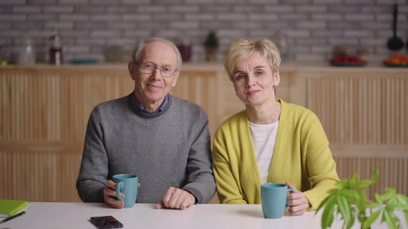 Portrait of Charming Retirees Looking to Camera and Talking Waving Hands to Welcome Old Man and