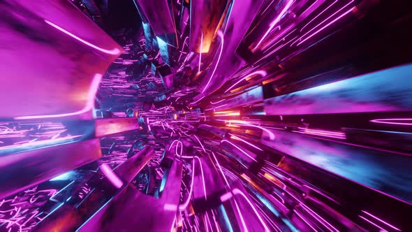 Flying through a circular tunnel with neon purple lights