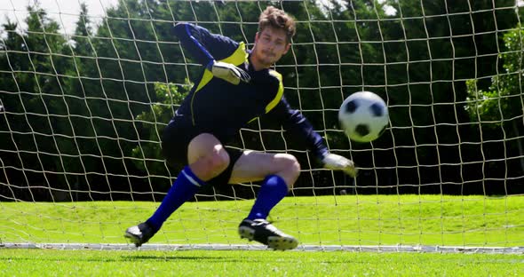 Goalkeeper saves a goal in the field