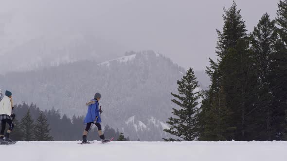 Two girls walking with snowshoes on as dog runs to them