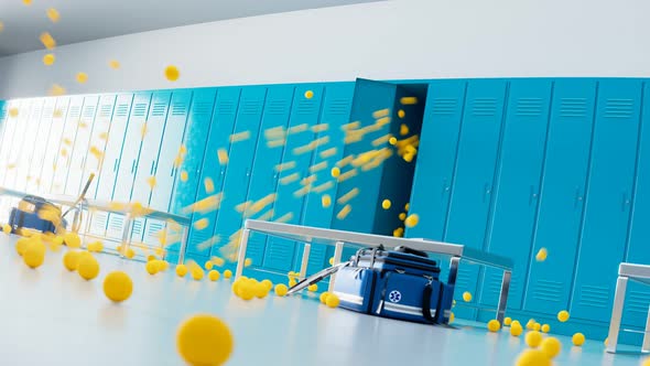 A large number of yellow balls jumping out from locker in the changing room.