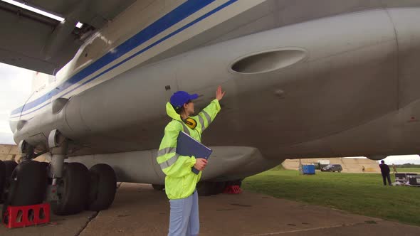 Woman Specialist Mechanic Performs Technical Inspection of Aircraft Before Departure