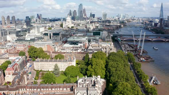 Aerial View of London Temple Historic Buildings and Deciduous Trees in Temple Gardens on Thames