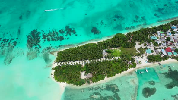 Beautiful flying copy space shot of a white paradise beach and blue sea background in best quality 