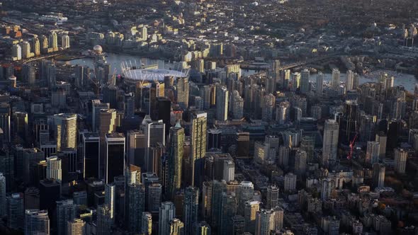 High Angle Shot Of BC Place, Cambie Bridge, And Science World At False Creek In Vancouver, Canada -