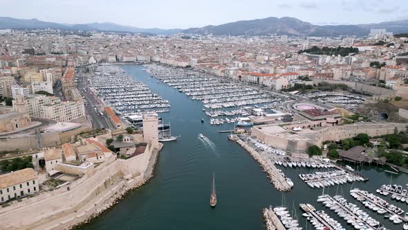 Aerial view of the old port (Vieux-Port) in Marseille, France