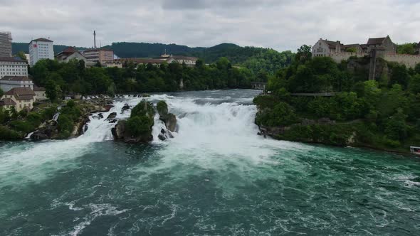 Low flight over The Rhine Falls (Rheinfall) in Switzerland, Europe