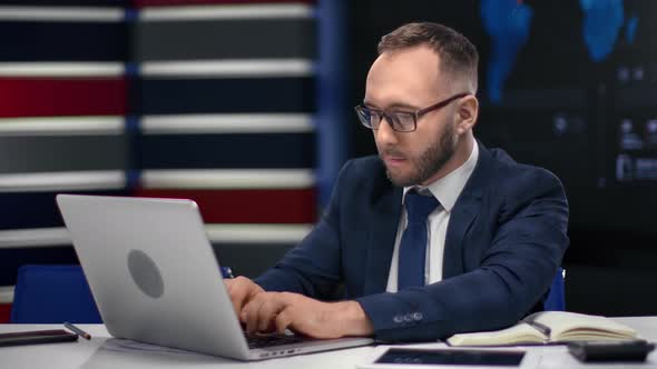 Focused Successful Man in Suit Working Use Laptop at Modern Hi Tech Office Chatting Surfing Internet