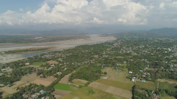 Tropical Landscape Mountain Valley with Villages and Farmlands