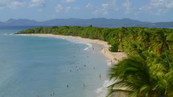 Aerial of tourist on beautiful sea coast at Grande-Anse, les Saintes