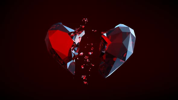 Broken Heart Abstract Animation with Breaking Ruby Crystal Heart on Dark Background