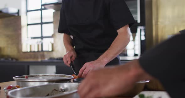 Caucasian male chef cutting vegetables