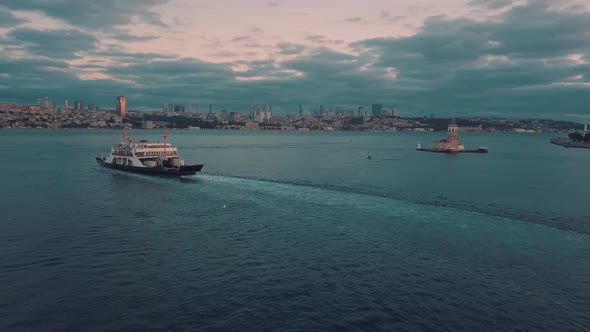 Aerial tracking of cruise ship in istanbul Bosphorus