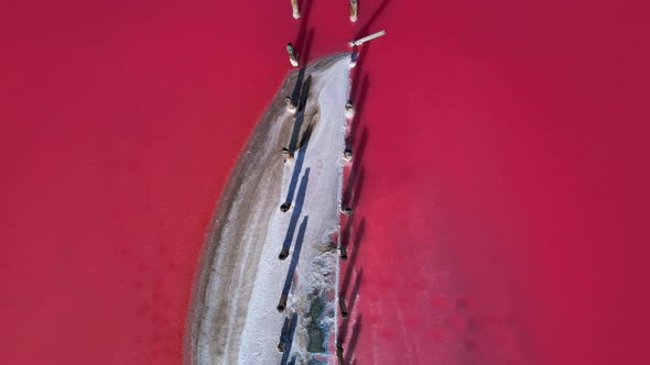 Aerial Top Cinematic View Over Beautiful Pink Salt Lake with Deep Colorful Calm Water Surface and