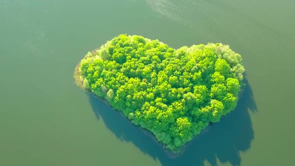 Aerial Photography From Drone of Lake and Small Island in Shape of Heart