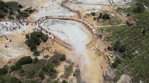 Aerial view of vulcano crater with sulfur vapor coming out of the sulfur marsh.