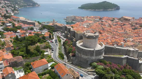 Dubrovnik, Croatia- Aerial view of an old town,old castle and blue sea visible below on a sunny day.