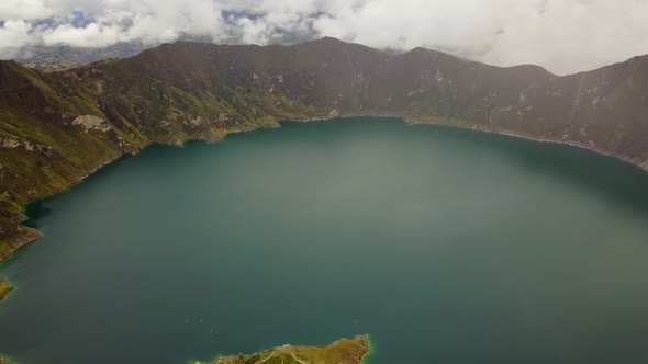 Aerial view of Quilotoa volcano crater and lake, Peru.