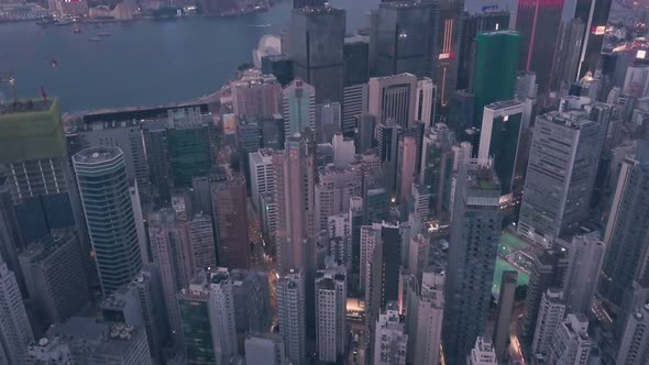 Hong Kong Island downtown city centre skyscrapers at night. Aerial drone view