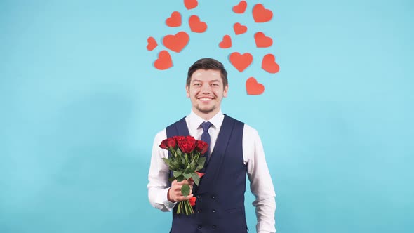 Happy Male with Flowers, Preparing for Valentines Day