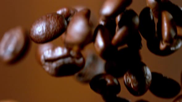 Roasted Coffee Beans Falling Down in Super Slow Motion