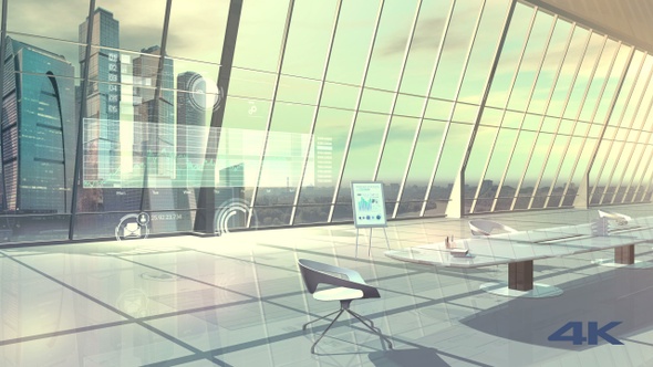 A Huge Table In The Conference Room And Infographic Data 4K alt