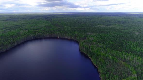 Flying above lake against the forests of spruce and pine trees. Drone collection