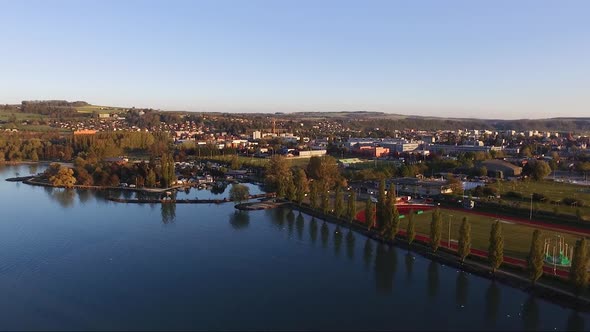 Aerial view of the city of Yverdon-les-Bains, Switzerland, Drone, Lake, Sunset