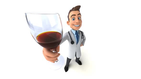 Fun 3D cartoon doctor with a glass of wine alt
