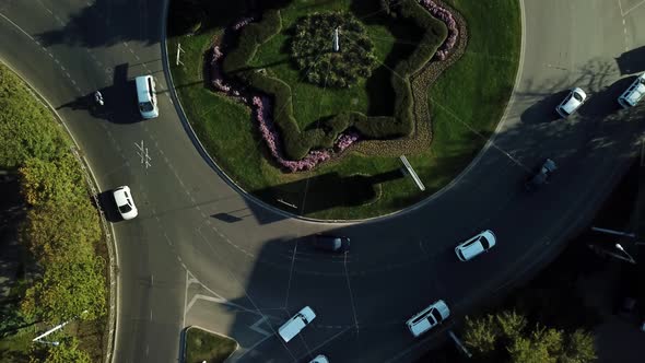 Drones Eye View Traffic Jam Top View Transportation Concept Roundabout Intersection Crossroad Aerial