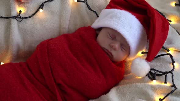 Top View Portrait First Days Of Life Newborn Cute Funny Sleeping Baby In Santa Hat Wrapped In Red