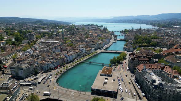 View Over Zurich Switzerland and Lake Zurich on a Sunny Day