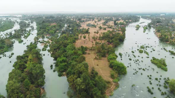 Aerial: flying over Don Det and the 4000 islands Mekong River in Laos