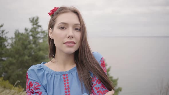 Adorable Independent Girl Wearing Long Summer Fashion Dress Looking Confident at Camera Enjoying