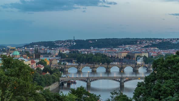 Scenic View of Bridges on the Vltava River Day To Night Timelapse and of the Historical Center of